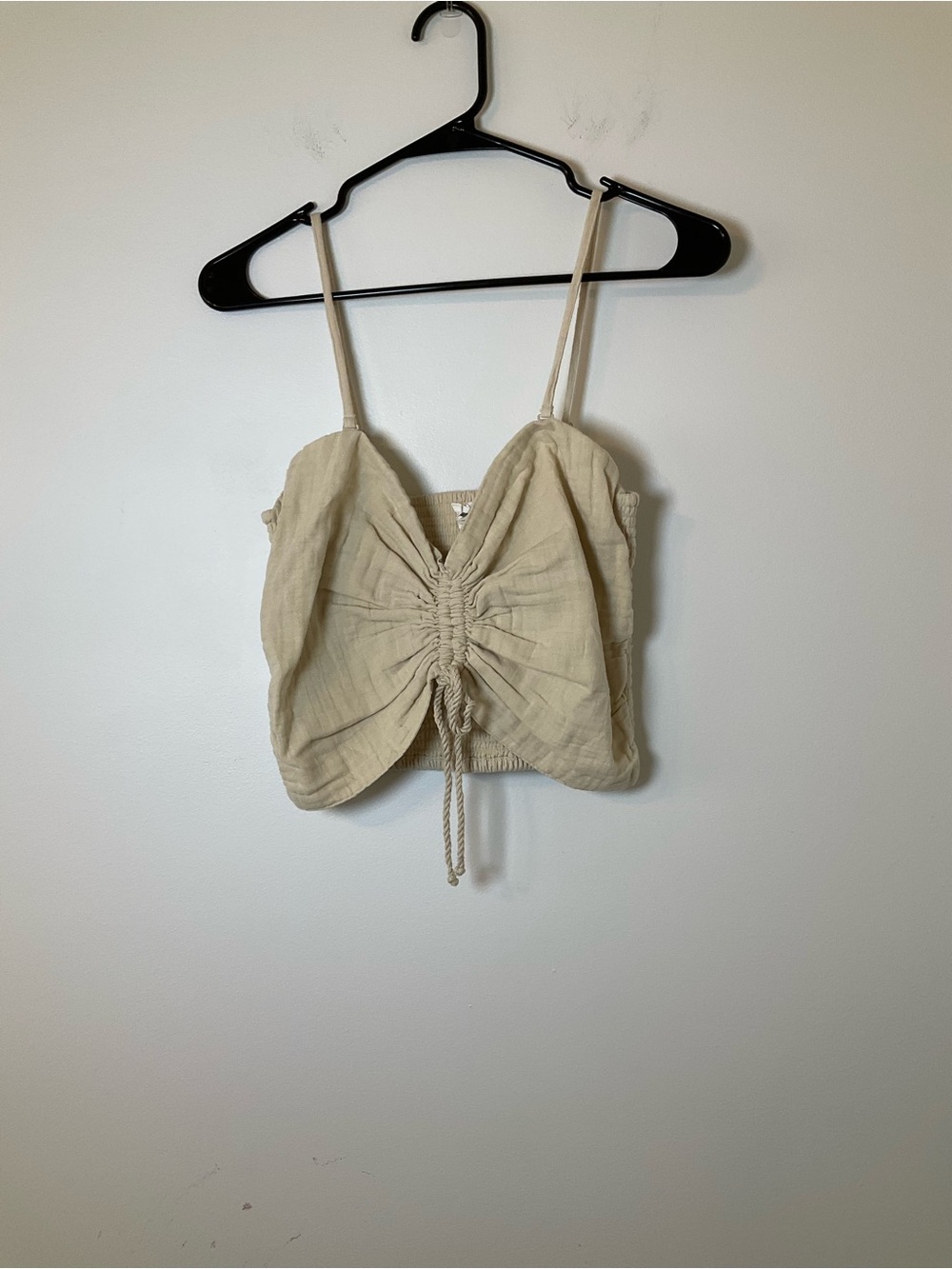 Aerie Ruched Bow Front Crop Top Cream Cotton NWT Size L